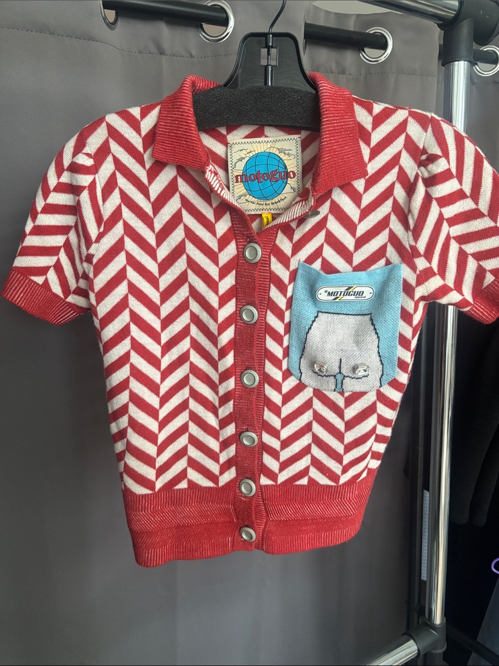 Motoguo Red & White Chevron Knit Polo Cardigan with Blue Pocket